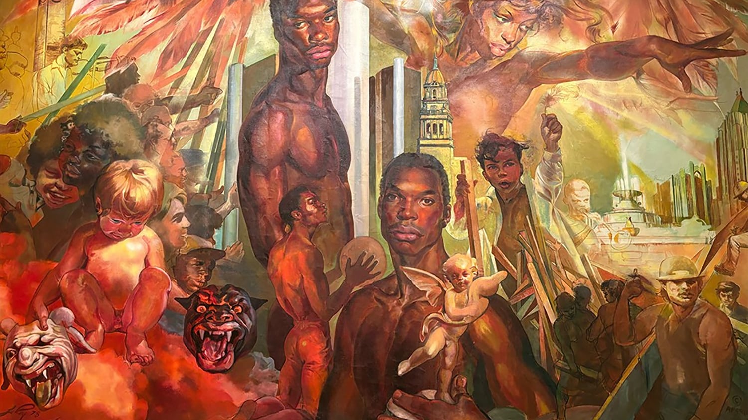 LeRoy Foster's painting showing multiple Black men and other people with Detroit buildings and feathers in the background.