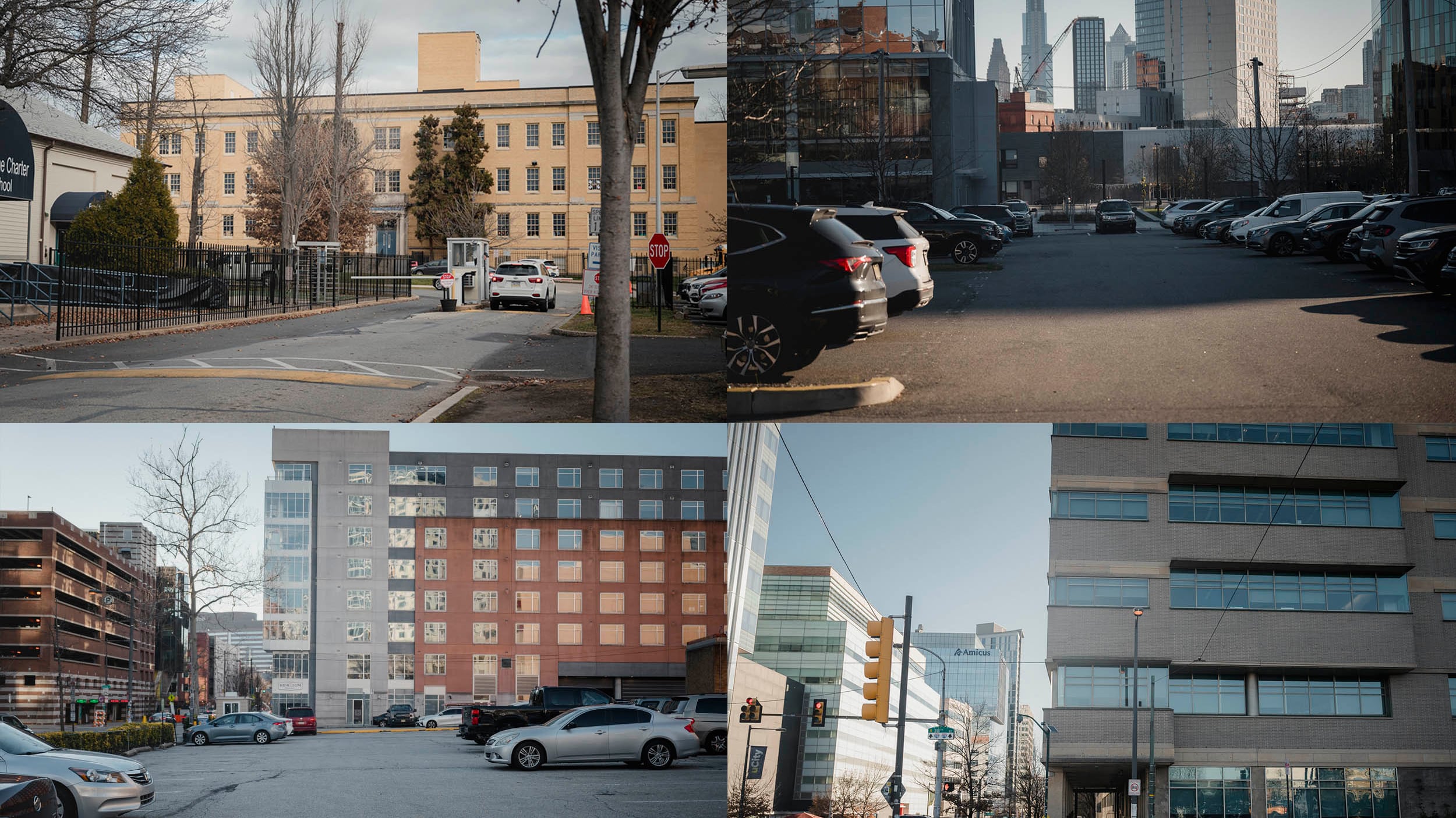 A grid of four images of showing large buildings outside.