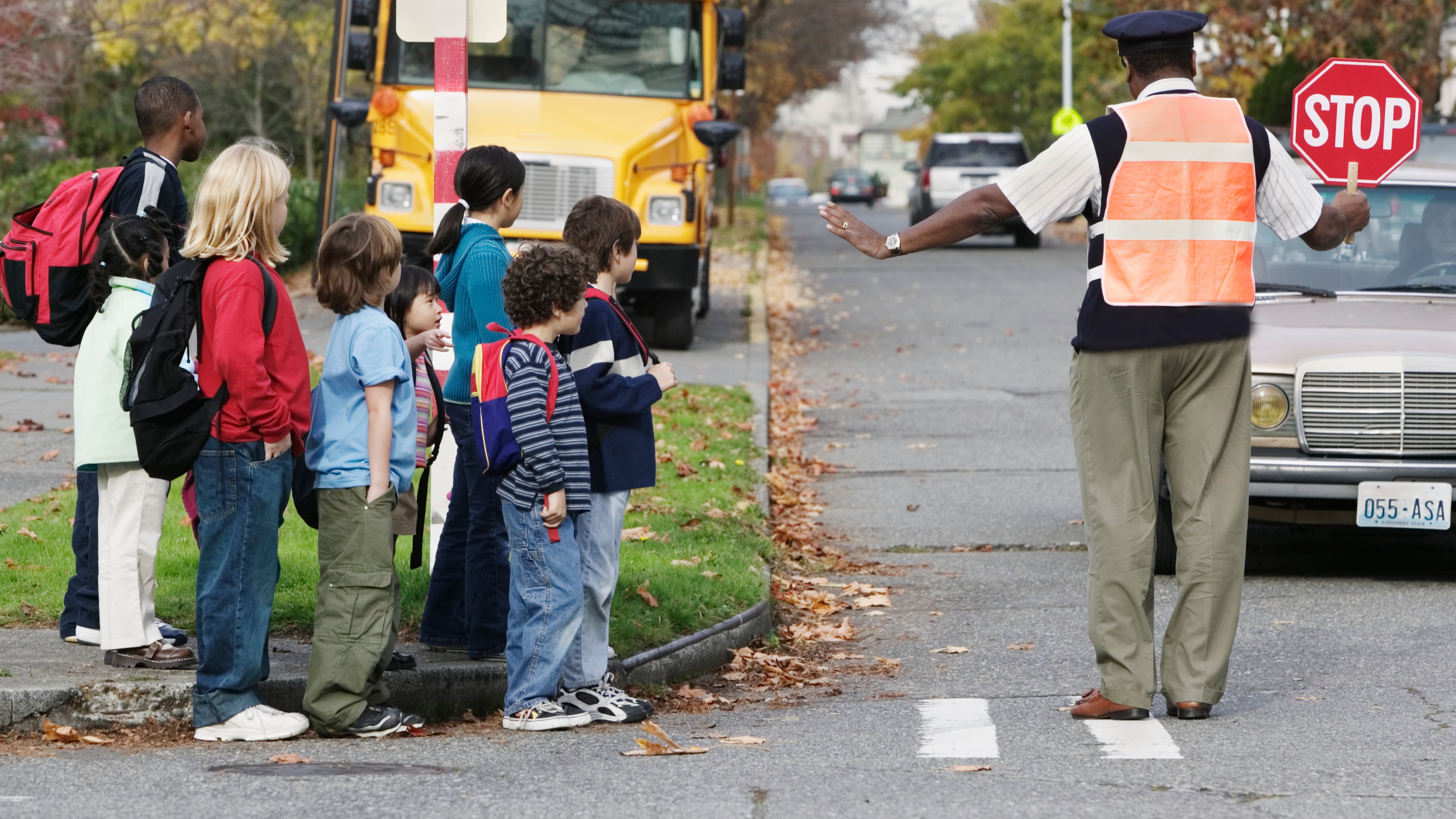 A man holds a stop sign and keeps students back from the street with a school bus in the background